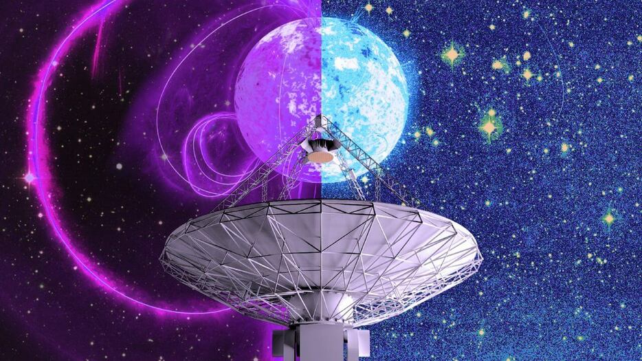 ASKAP電波望遠鏡の背後にあるASKAP 1935+2148のイメージ。可能性として考えられる中性子星と白色矮星を反映しています。