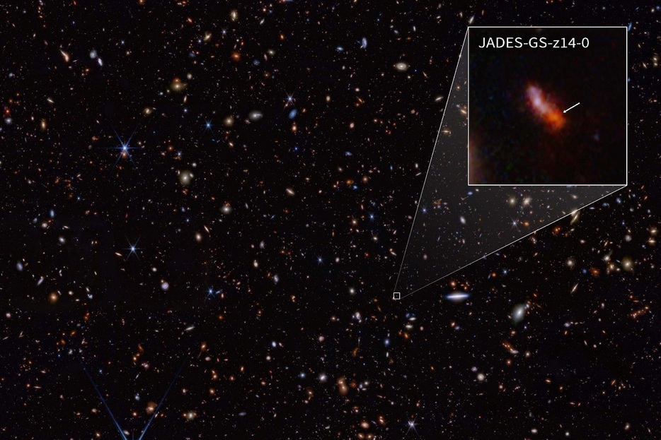 JWSTの近赤外線カメラNIRCamが捉えた、現在知られている最遠の銀河「JADES-GS-z14-0」（拡大画像で表示）。赤方偏移は14.32 (+0.08/-0.20)で、ビッグバンから3億年足らずの初期宇宙に存在していた（NASA, ESA, CSA, STScI, B. Robertson (UC Santa Cruz), B. Johnson (CfA), S. Tacchella (Cambridge), P. Cargile (CfA)）