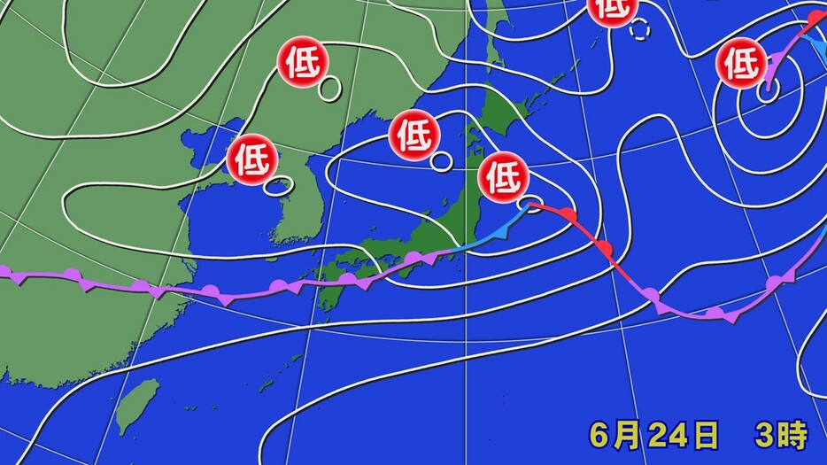 24日(月)午前3時の実況天気図