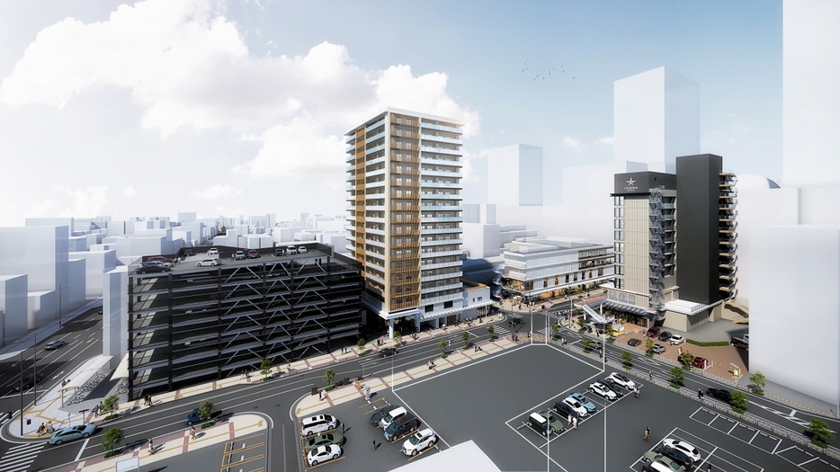 福井駅前南通り地区再開発の完成イメージ。右側のビルにカンデオホテルズが入る（同再開発組合提供）