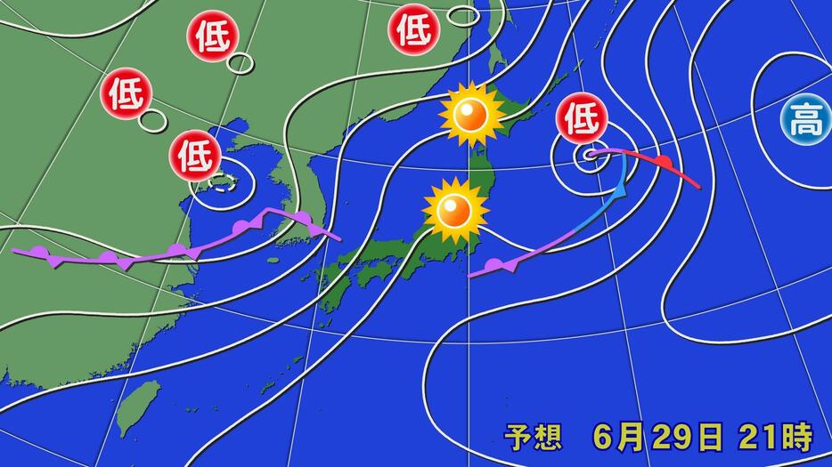 29日(土)午後9時の予想天気図
