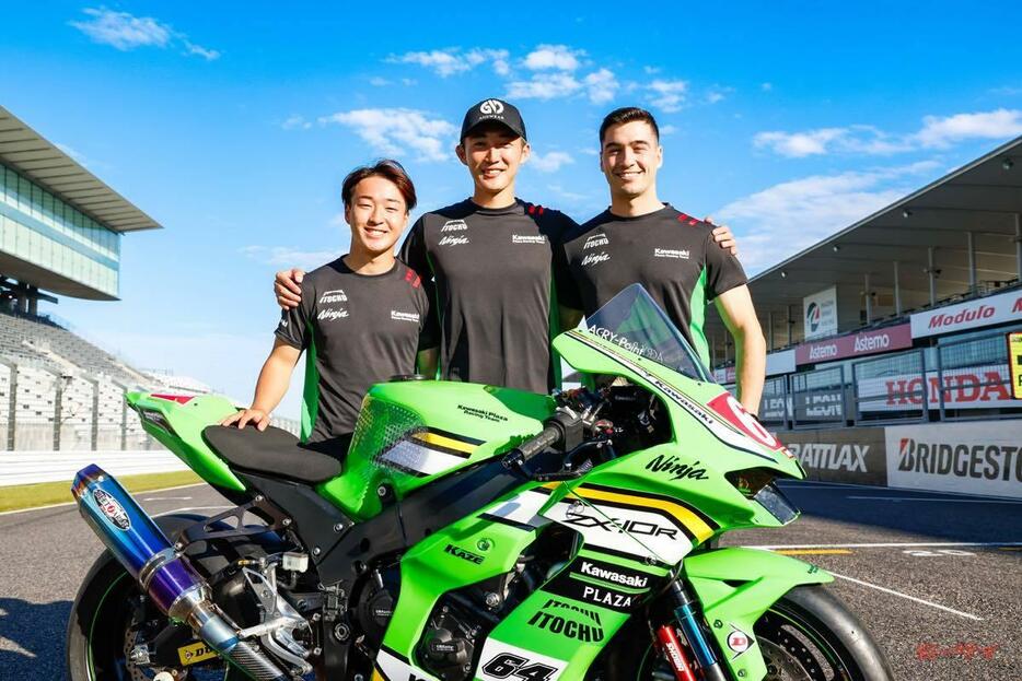 Kawasaki Plaza Racing Teamから鈴鹿8耐に参戦する3選手。左から彌榮／岩戸／ミカ選手