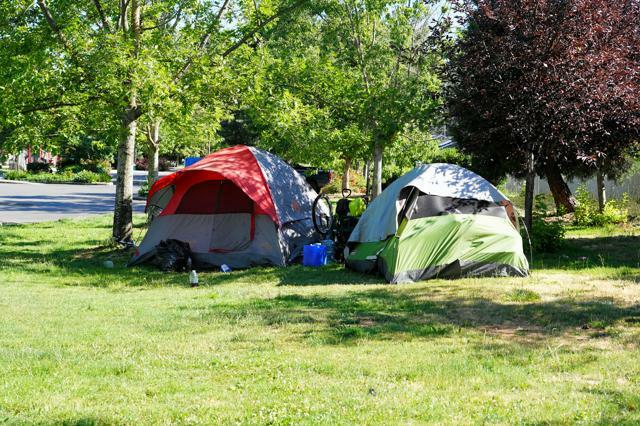 オレゴン州グランツパスの公園には、ホームレスの人たちが寝泊まりするテントが並ぶ=2024年6月17日、中井大助撮影