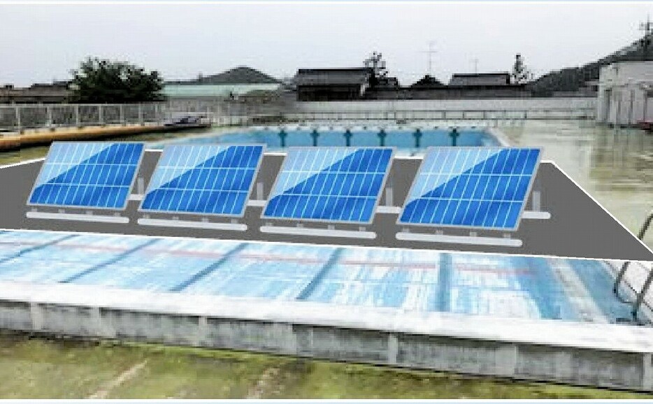 福井県越前市が小学校の遊休プールに導入する太陽光発電設備の設置イメージ（市作成）