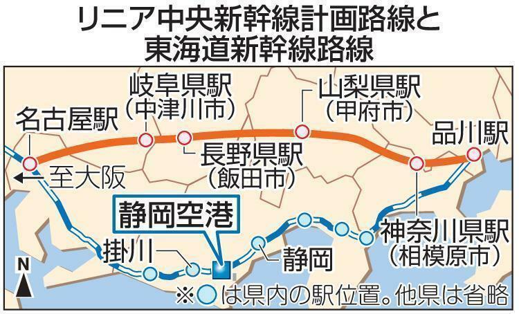 リニア中央新幹線計画路線と東海道新幹線路線