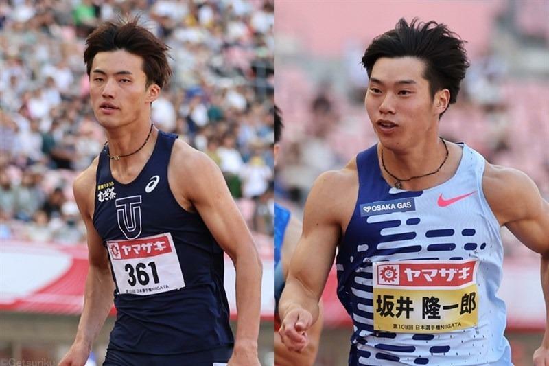 日本選手権男子100mで予選を突破した栁田大輝と坂井隆一郎