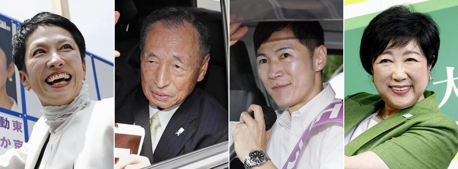 東京都知事選が告示され、立候補を届け出た（右から）小池百合子氏、石丸伸二氏、田母神俊雄氏、蓮舫氏＝20日午前、東京都内