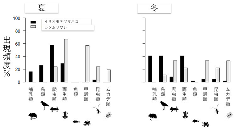 フン中のDNAバーコーディングを行った結果のグラフ。イリオモテヤマネコとカンムリワシは夏と冬で食べるものが違っていた（伊澤雅子名誉教授提供）
