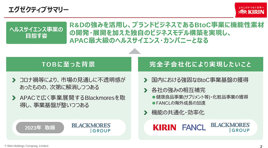 ファンケル買収について（画像はキリンHDのIR資料から編集部がキャプチャ）