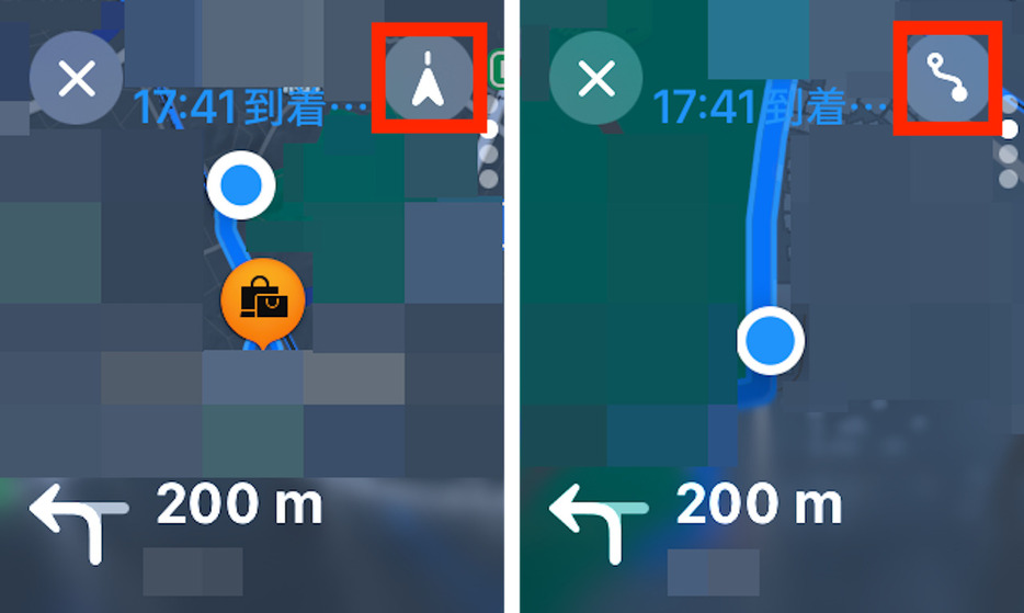 ナビゲーション中の画面右上にある矢印のようなアイコン（左の赤枠）をタップすると、現在地近くの詳細を表示する「ターンバイターン」でのマップ表示（画像右）に切り替わる