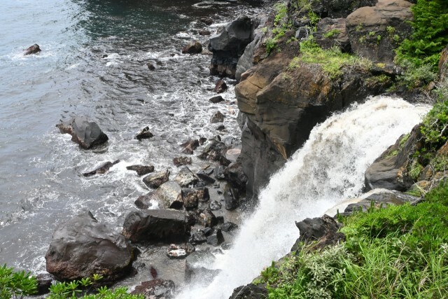 水量が増して勢いよく海に流れ落ちる対島の滝＝伊東市八幡野