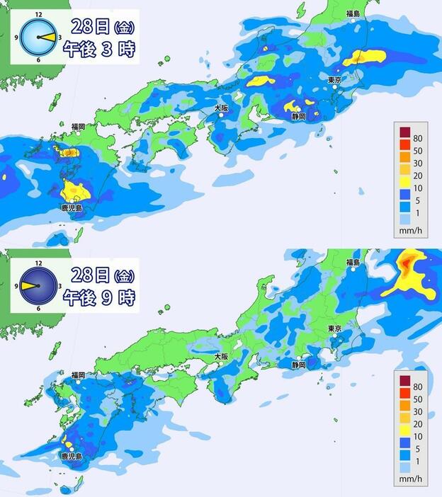 28日（金）午後3時と午後9時の雨の予想