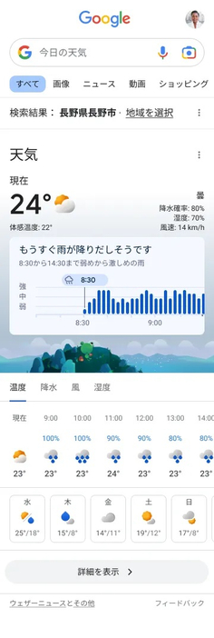 Googleナウキャストのモバイル画面で5分後の雨量予測を棒グラフで表示