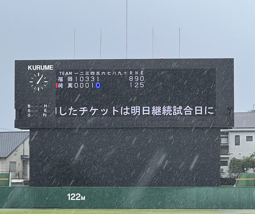 福岡対純真　試合中に激しい雨が降り継続試合となった福岡対純真（撮影・梅根麻紀）