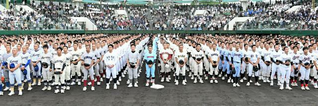 高校野球兵庫大会の開会式で整列した選手＝明石、滝沢美穂子撮影