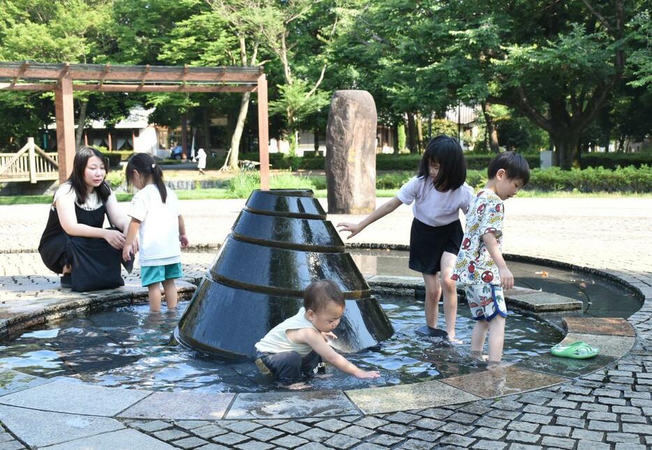 公園の水辺で水遊びを楽しむ子どもたち=古河市駒羽根のサンワ設計ネーブルパーク