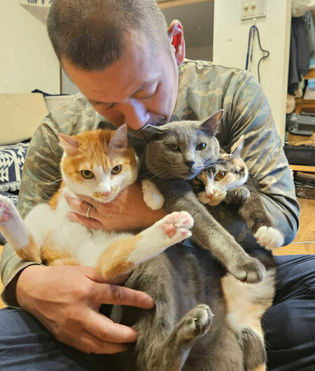 U字工事・益子卓郎さんと愛猫のぷー（左）、うみ（中央）、リル（右）。3歳のきょうだい猫。