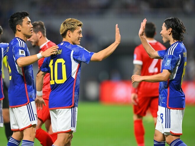 シリアから５ゴールを奪って快勝した日本。写真：金子拓弥（サッカーダイジェスト写真部）