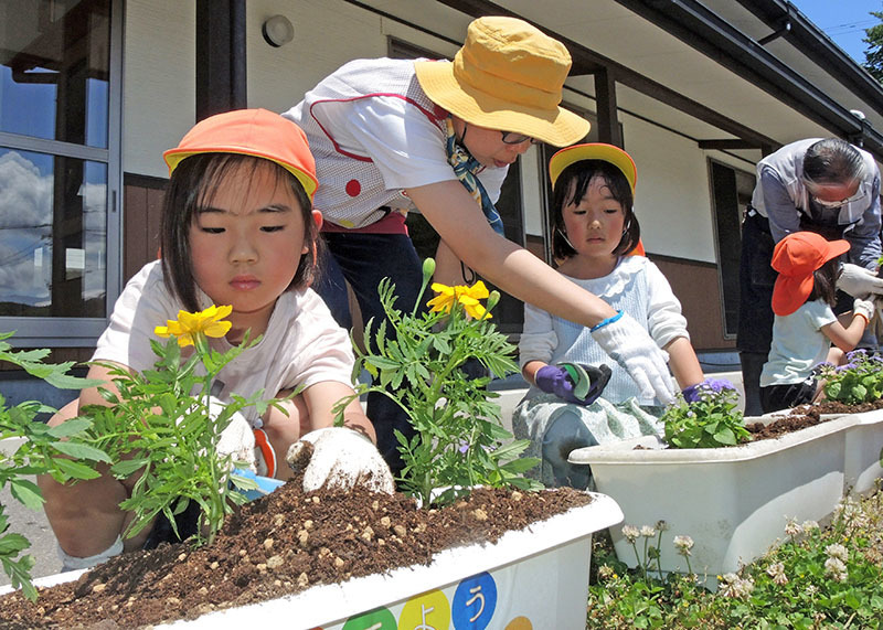 人権擁護委員らと一緒にプランターへ花苗を植える長島保育所の園児