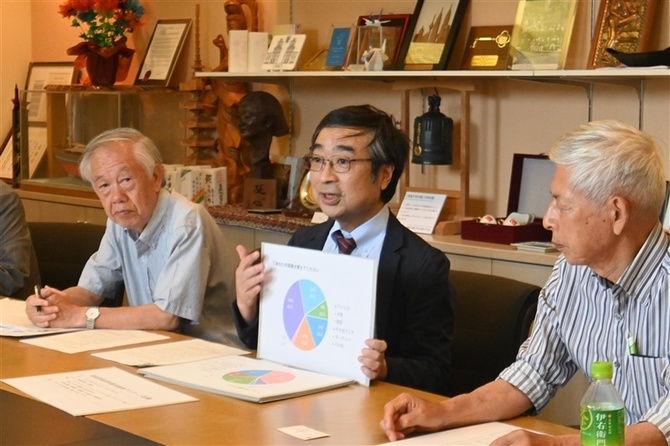 長崎市の担当者にアンケート結果を説明する「世界に伝わる原爆展示を求める長崎市民の会」のメンバー