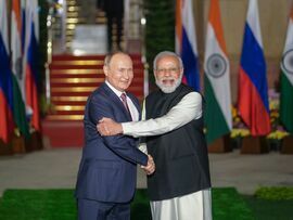 Narendra Modi and Vladimir Putin in 2021. Photographer: T. Narayan/Bloomberg
