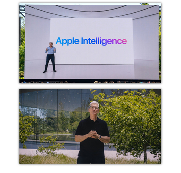 写真上：アップルの新AIの名前は「Apple Intelligence」　写真下：ティム・クックCEOはApple Intelligenceを「パーソナルインテリジェンス」とも呼称した