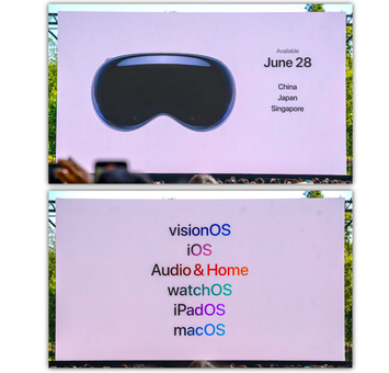 写真上：話題のVision Proは、6月28日から日本でも発売される　写真下：アップル製品のOS群が続々と発表された