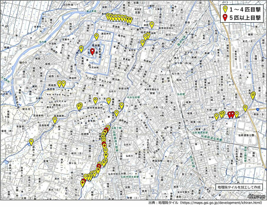 弘前市中心部の過去2年分のホタル目撃情報をまとめたマップ（「わどわ」提供）