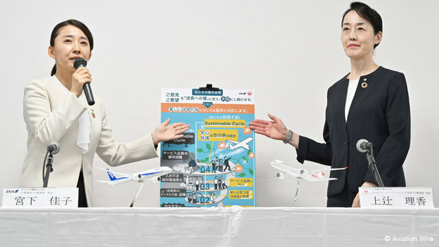 カスハラ対処方針を共同で説明するANAの宮下CS推進部長（左）とJALの上辻CX推進部長＝24年6月28日 PHOTO: Tadayuki YOSHIKAWA/Aviation Wire
