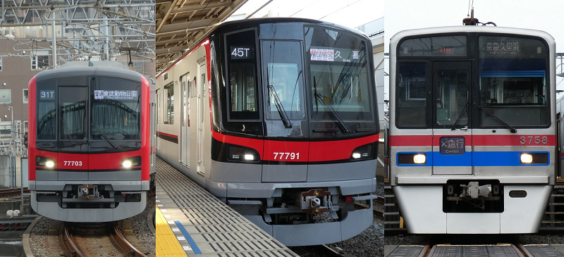 左から東武70000系、70090型、京成3700形。