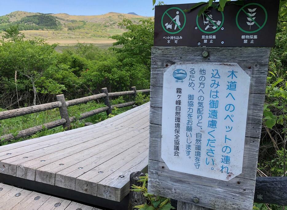 八島ケ原湿原で植物の採取禁止などを示す看板
