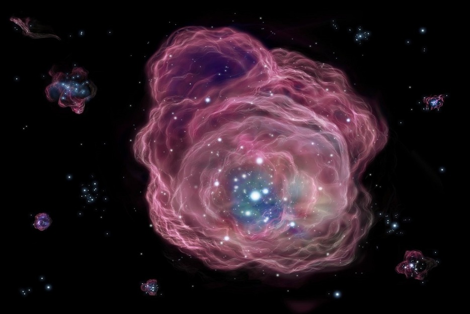 宇宙で最初に生まれた初代星「種族III星」が超新星爆発を起こしている様子を描いた想像図（NAOJ）