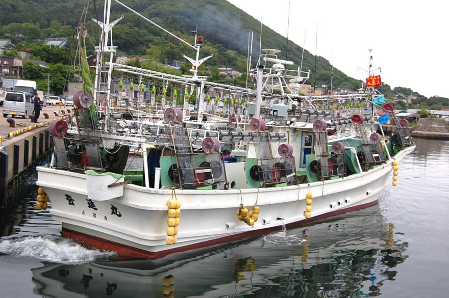 豊漁を願い岸壁を離れる小型イカ釣り漁船（４日午前７時５０分ごろ）