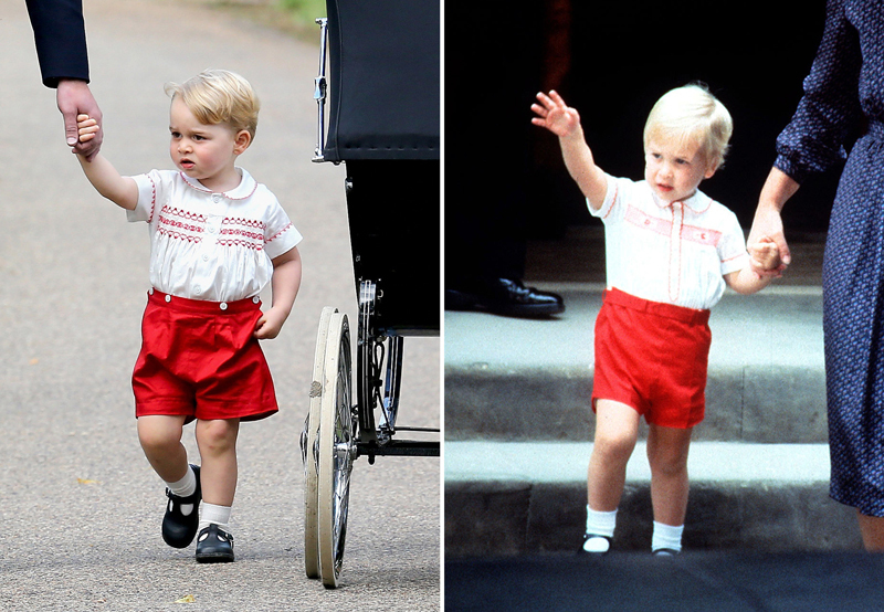 ジョージ王子（写真左）：2015年７月５日、シャーロット王女の洗礼式。 洋服／レイチェル・ライリーウィリアム皇太子（写真右）：1984年９月16日、誕生したハリー王子に初対面。　写真：Press Association/アフロ