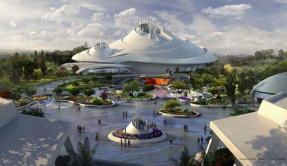 2027年に新たに生まれ変わるスペース・マウンテン（奥）と広場のイメージ