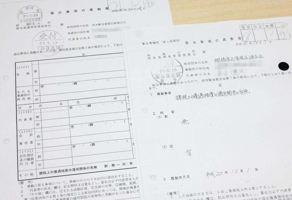 2008年12月、自民党の茂木敏充幹事長と棚橋泰文元国家公安委員長の後援会がそれぞれ総務相宛てに提出した、寄付金控除の適用をなしに変更した届け出の写し（画像の一部を加工しています）