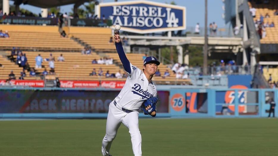 右上腕三頭筋の張りで故障者リスト入りしたドジャースの山本由伸（MLB Advanced Media）