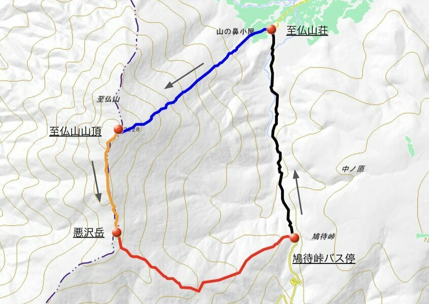 鳩待峠から湿原を渡り、至仏山山頂を目指す周回コース（国土地理院地図より引用）