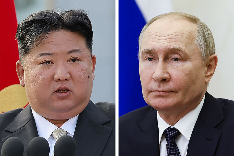 韓国大統領府高官は訪問先のカザフスタンで１２日、ロシアのプーチン大統領が数日内に北朝鮮を訪問するとの見方を示した。写真は、北朝鮮の金正恩朝鮮労働党総書記（左）とロシアのプーチン大統領。