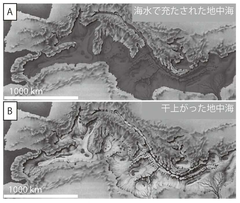 （図5-7A,B）蒸発岩形成時の地中海の様子（vanDijk,G.etal.（2023）Sedimentology,70（4）,1195-1223より引用し一部修正）