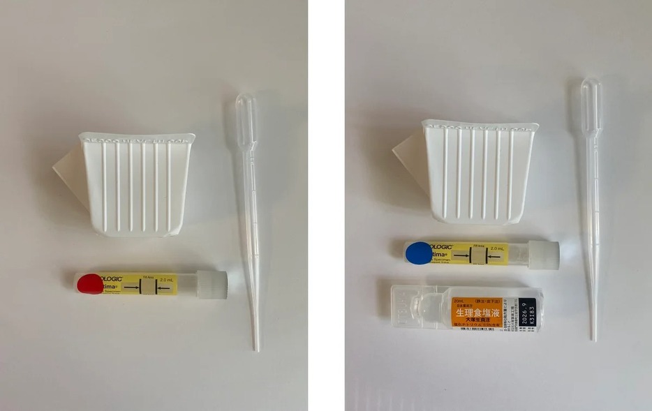 （左）尿検査に使用するセット（右）うがい液検査に使用するセット。赤と青のシールは自分で貼ります