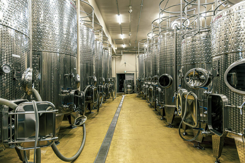 大きなステンレス製のタンクが並ぶワイナリー。品種、畑ごとにワインを醸造し、さらに奥にあるセラーへと運び込んでいく。