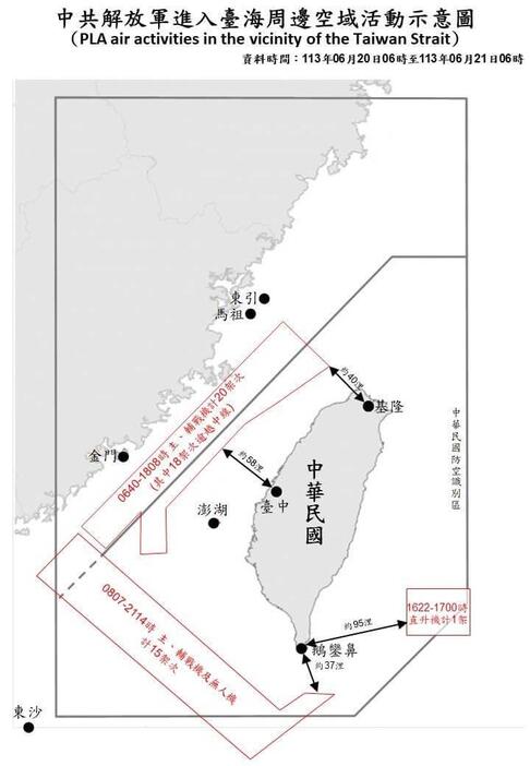 中国軍用機の動きを示す略図＝国防部ウェブサイトから