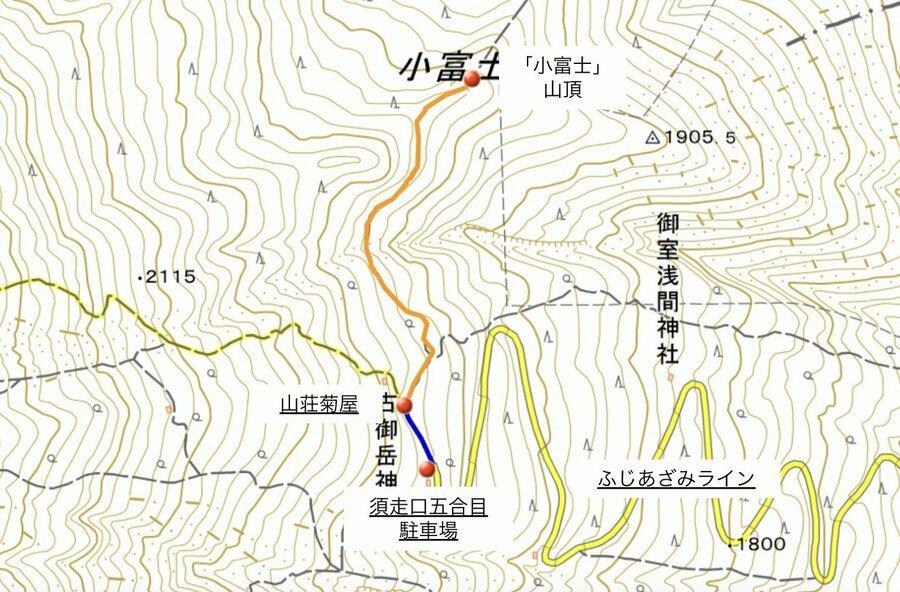 須走口五合目から小富士までは、なだらかな樹林帯を散策できる