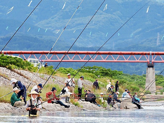 川面にさおを伸ばす大勢の釣り人＝１６日午前７時半ごろ、高岡市上麻生の庄川右岸