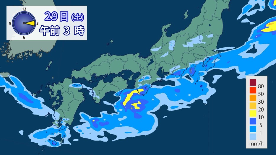 雨雲の予想( 29日(土)午前3時)