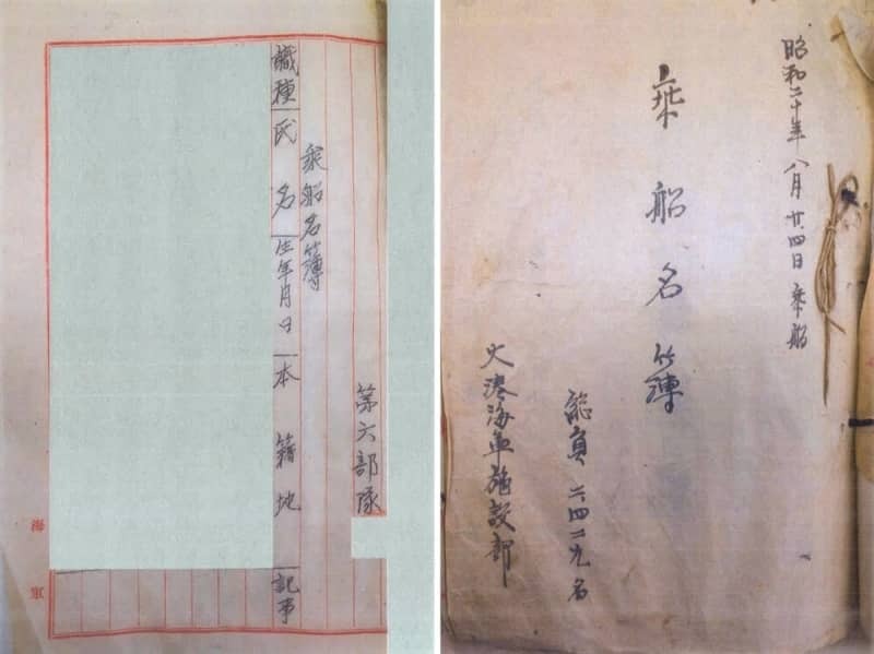 厚労省が開示した、「浮島丸」の乗船者が記された名簿のＰＤＦ画像。欄内はマスキングされていた。右は表紙