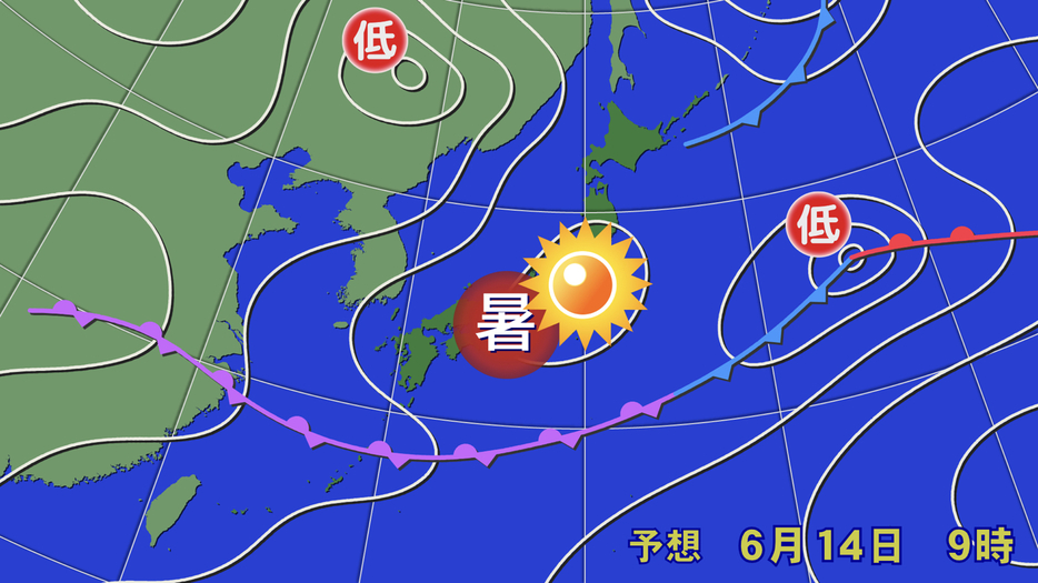 14日(金)午前9時の予想天気図
