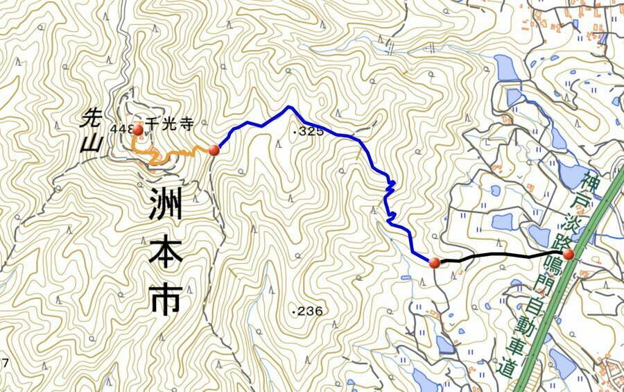 国生み神話ゆかりの道を歩く「淡路富士」先山への登山コース（国土地理院地図より引用）