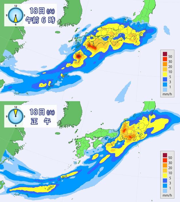 18日(火)午前6時と正午の雨の予想